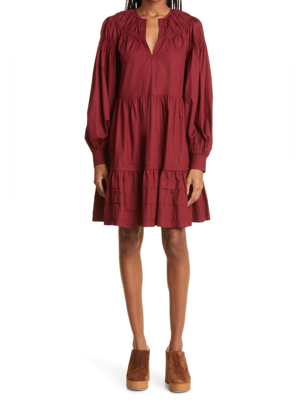 NEW Ulla Johnson Rosa Tiered Long Sleeve Dress, Size 2 Burgundy Red